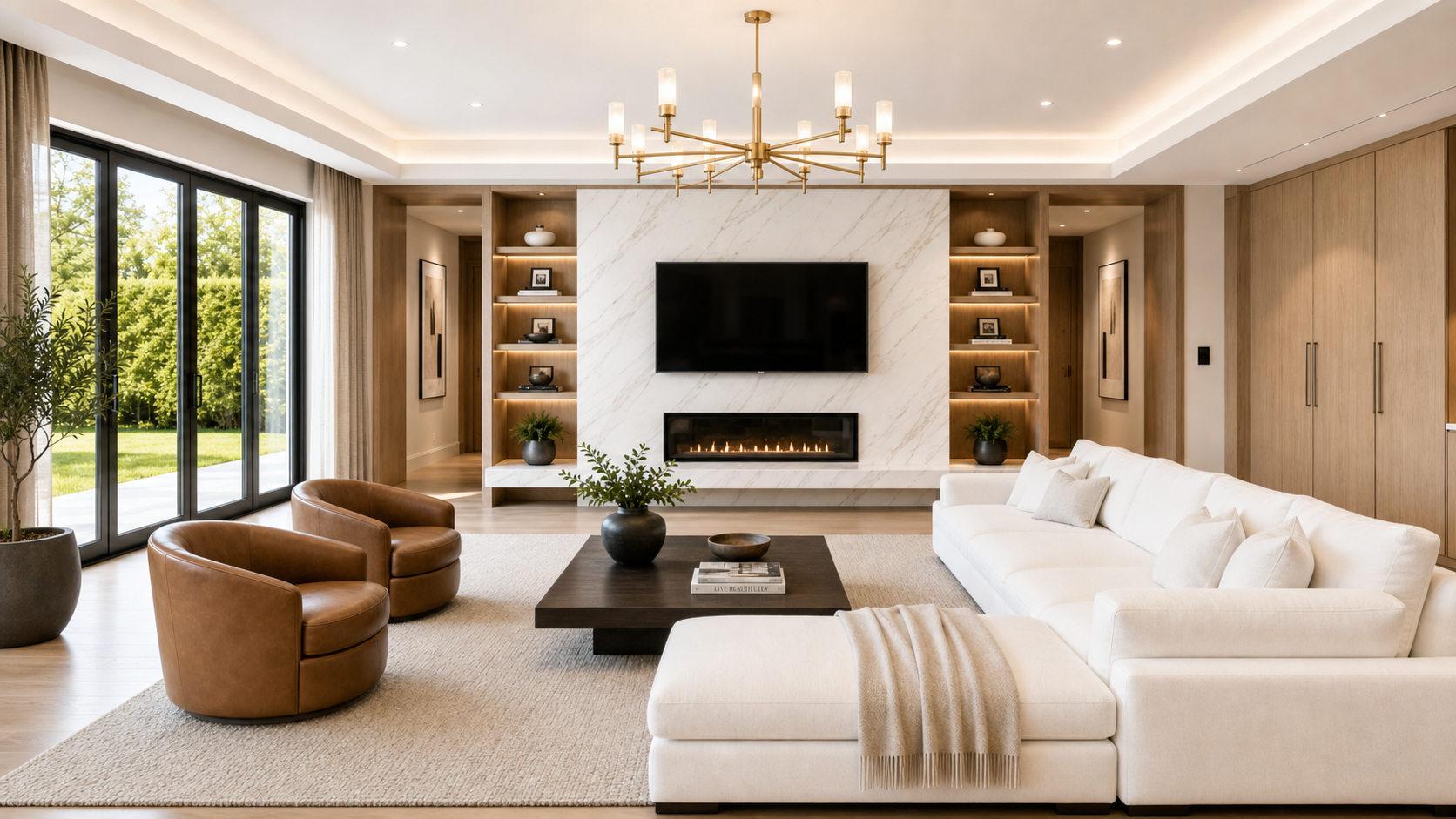 Grand family room with fireplace and four panel sliding doors