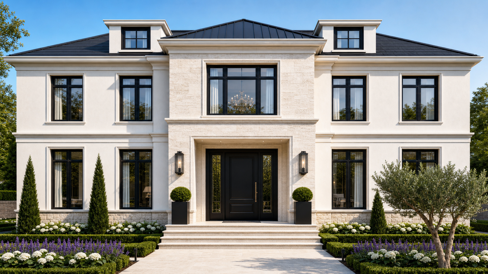 10 Oswego Lane — stately Colonial facade with stone accents and black-framed windows