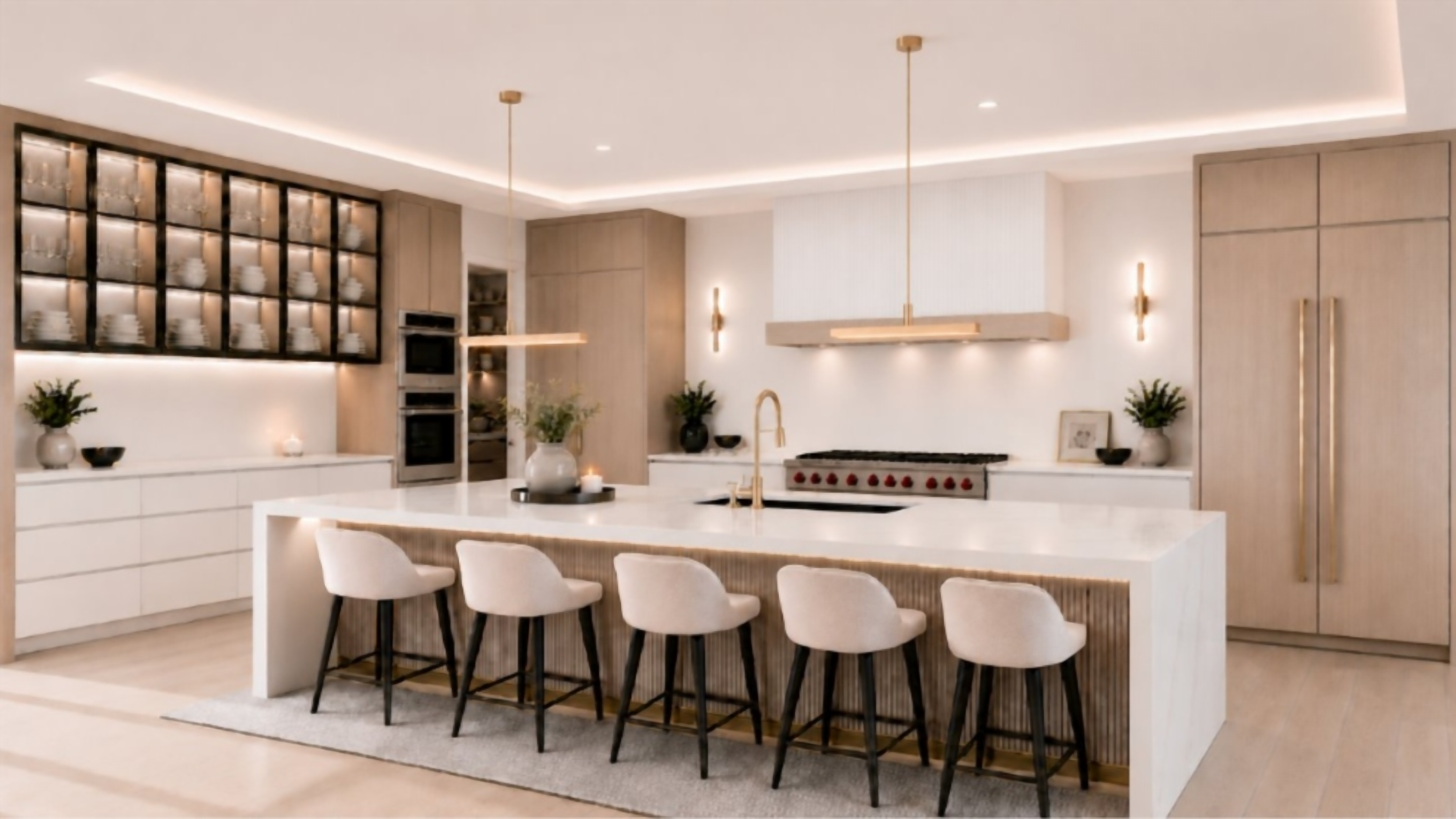Designer kitchen with center island and premium appliances