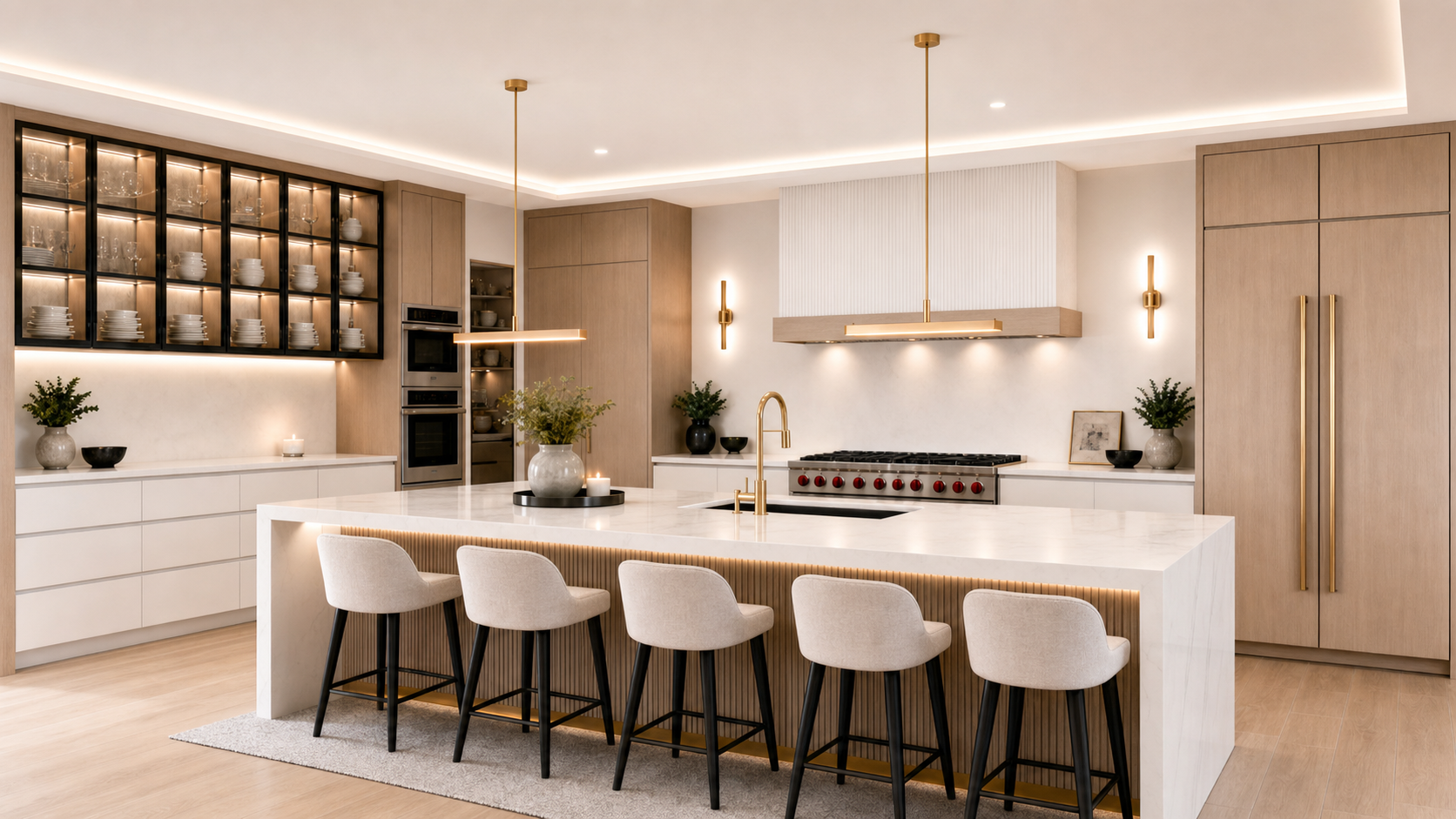 Designer kitchen with center island and premium appliances