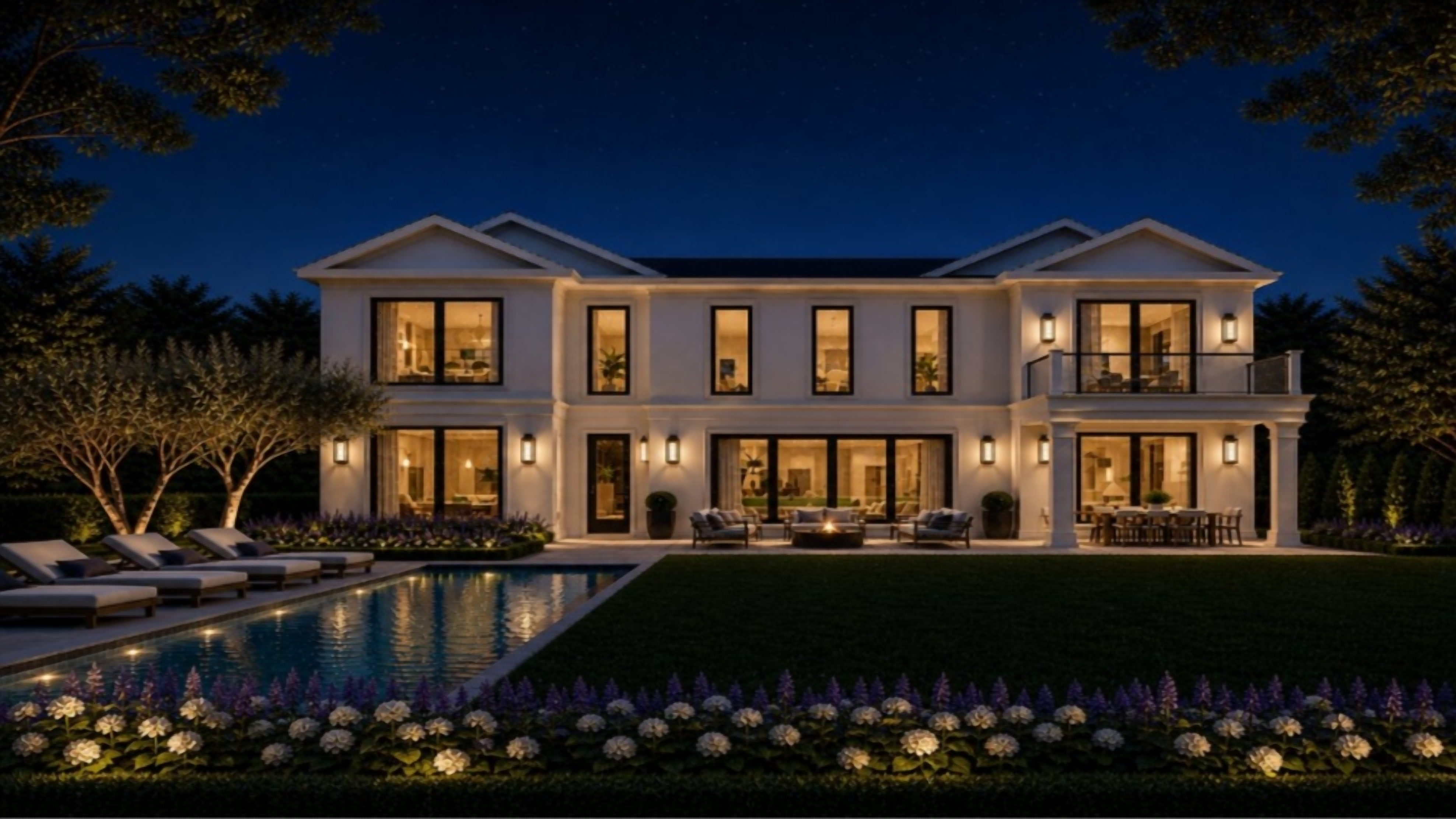 10 Oswego Lane — illuminated rear and pool at dusk