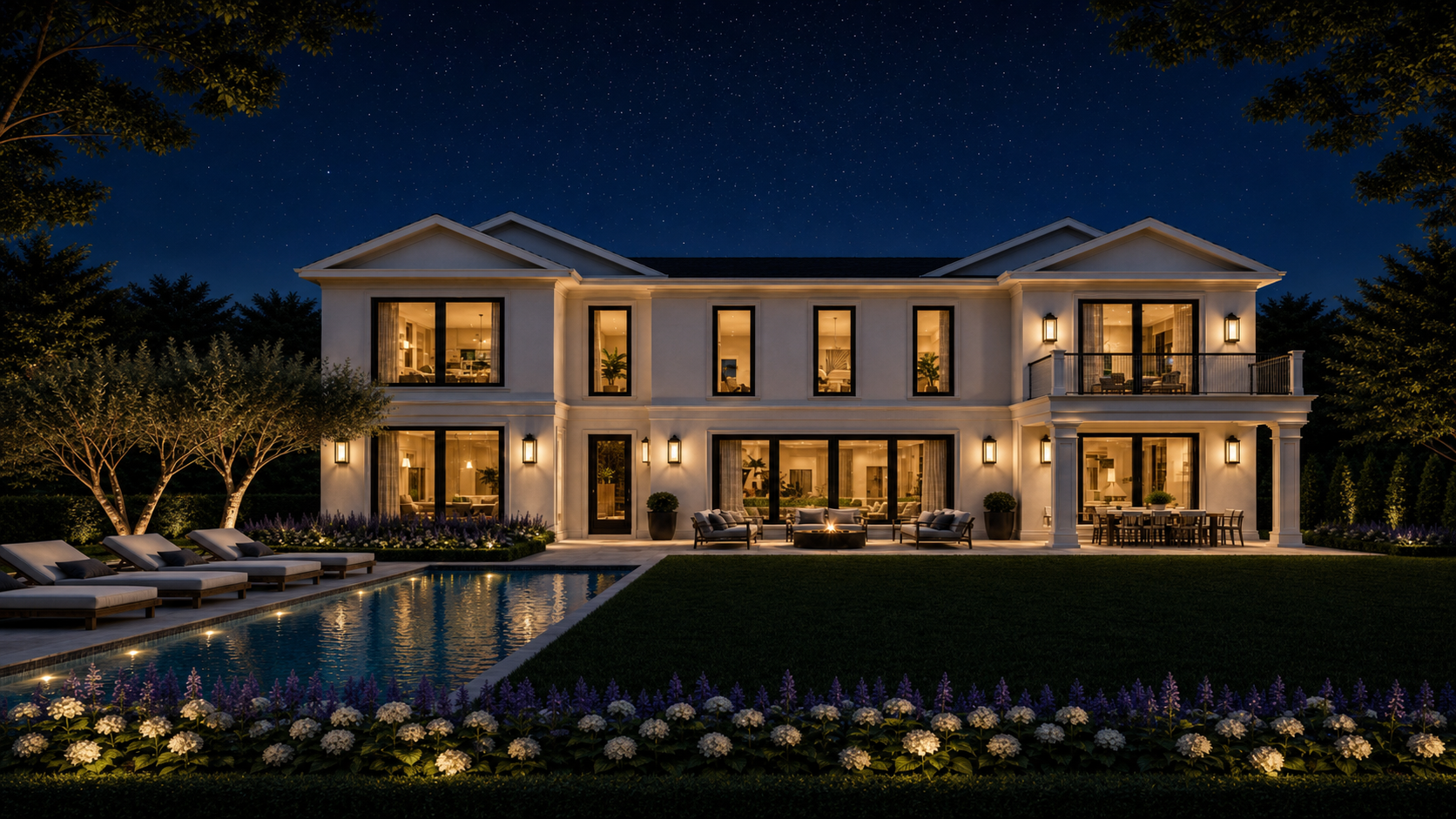 10 Oswego Lane — illuminated rear and pool at dusk